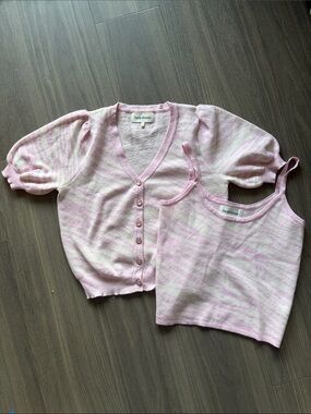 Heartloom Pink & White Striped Tank and Puff-Sleeve Cardigan Set